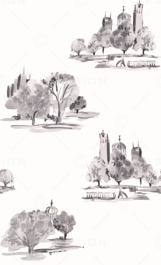 手绘风景印花华亿平台图片