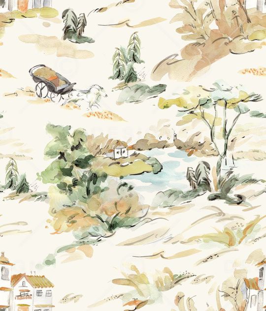 手绘风景印花华亿平台图片