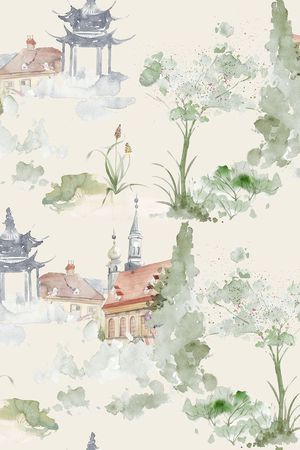 手绘风景印花华亿平台图片