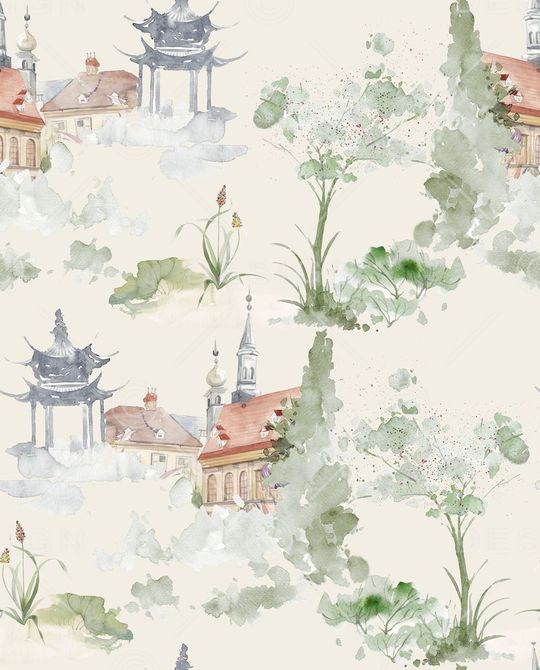 手绘风景印花华亿平台图片