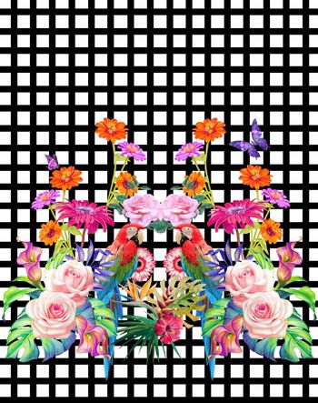 644410-几何格子花卉蝴蝶鹦鹉玫瑰分