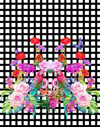 644413-几何格子花卉蝴蝶鹦鹉玫瑰黑