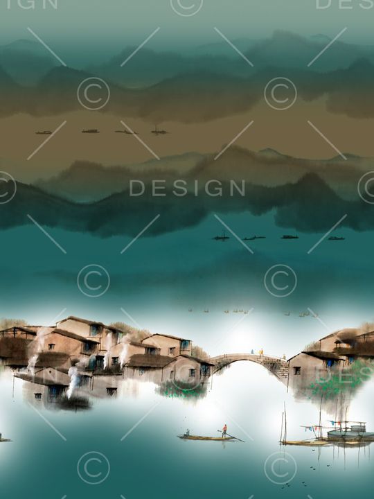 山水画印花华亿平台图片