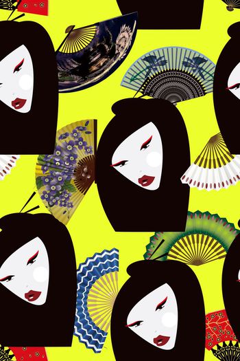 648188-中国风扇子女人 黄色底
