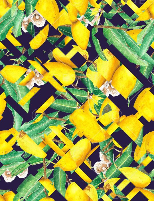 手绘柠檬芒果印花华亿平台图片