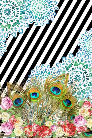 孔雀羽毛、手绘花印花华亿平台图片