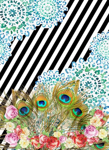 孔雀羽毛、手绘花印花华亿平台图片