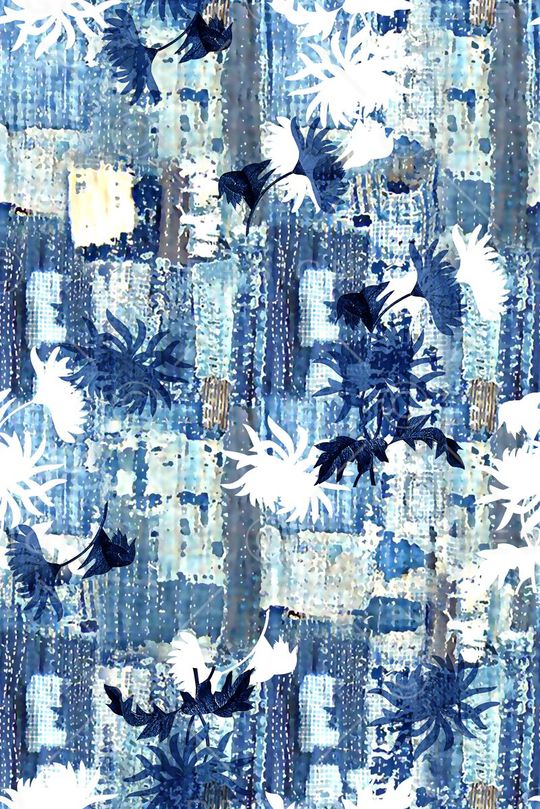 抽象手绘满版青花花卉印花华亿平台图片