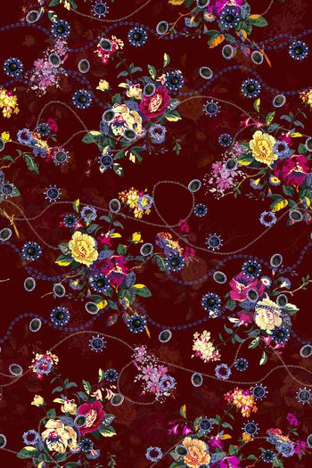 653328-珠宝手绘花卉花枝 蓝色宝石