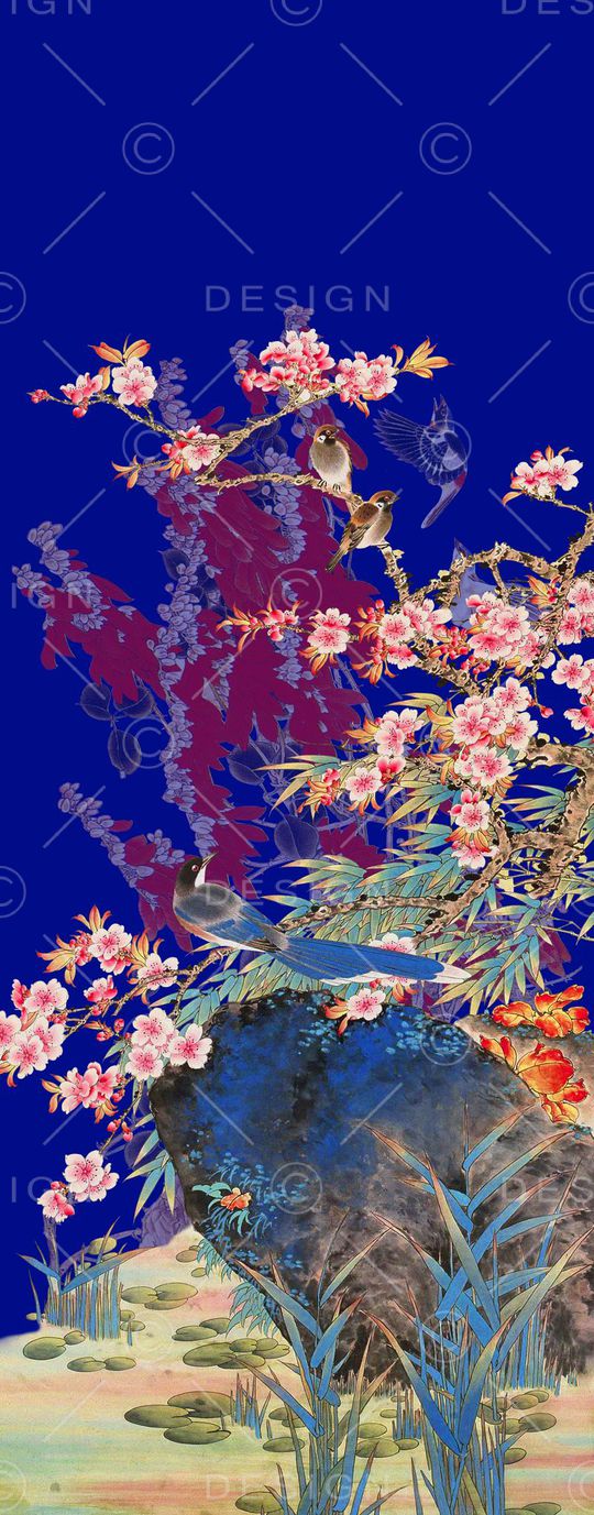 时尚手绘水彩画山水画花鸟数码印花印花华亿平台图片