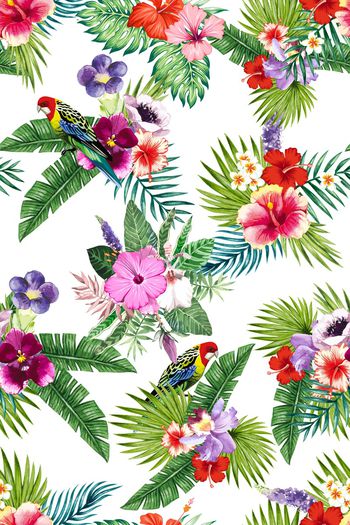 658035-时尚手绘花鸟 热带植物花朵