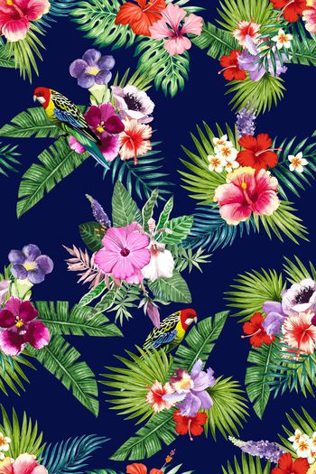 658036-时尚手绘花鸟 热带植物花朵--2