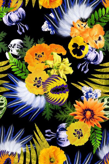 658434-热带热情花卉 羽毛组合