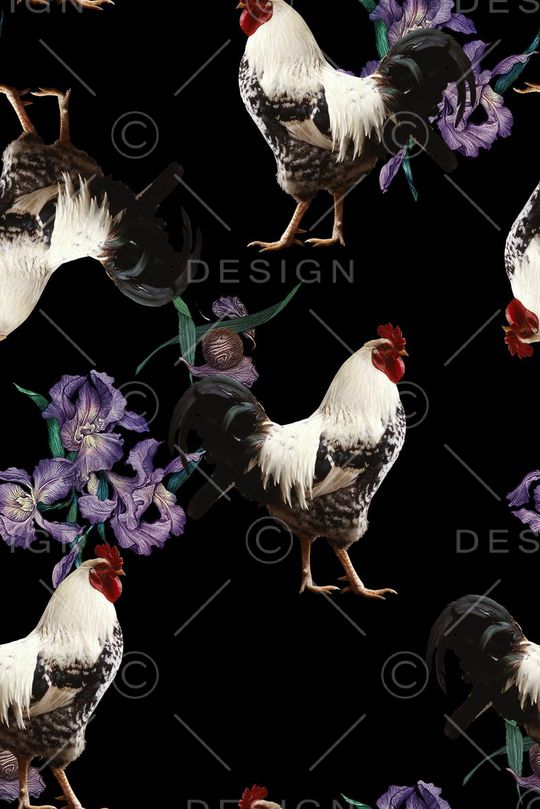时尚抽象手绘公鸡花卉男装满版数码印花印花华亿平台图片