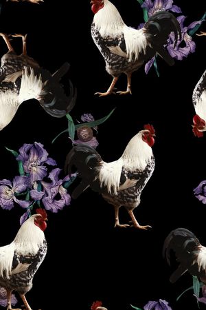 时尚抽象手绘公鸡花卉男装满版数码印花印花华亿平台图片