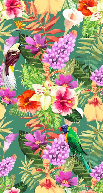 659871-热带植物花鸟 手绘热带雨林