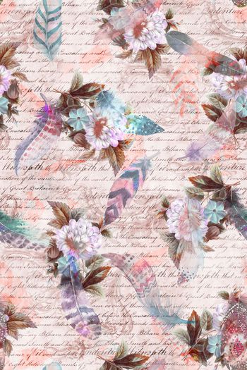 659894-时尚 复古羽毛花朵 手写英文背景-