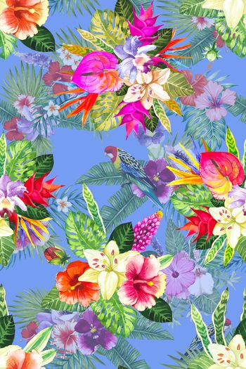 660635-时尚手绘热带植物花鸟 热带雨林--