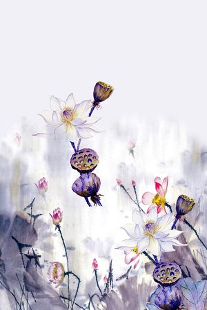 时尚潮流女装裙子长裙定位手绘荷花水墨画数码印花印花华亿平台图片