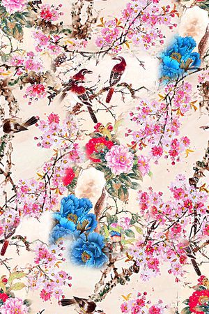 时尚潮流手绘彩绘梅花花鸟牡丹花数码印花印花华亿平台图片