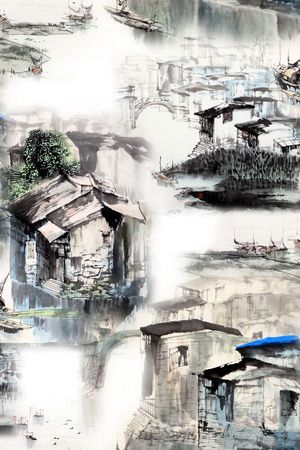 水墨风景印花华亿平台图片