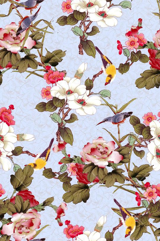 手绘花鸟印花华亿平台图片