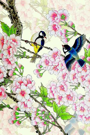 时尚潮流中国风水墨画花鸟梅花数码印花印花华亿平台图片