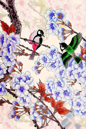 时尚潮流中国风水墨画花鸟梅花数码印花印花华亿平台图片