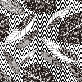 665731-黑白波浪树叶