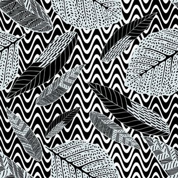 665732-黑白波浪树叶黑