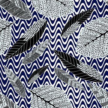 665734-黑白波浪树叶蓝