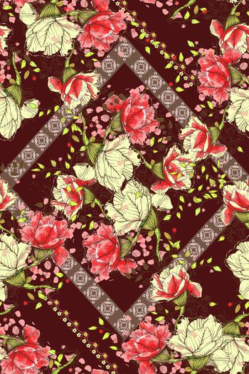 665892-民族风几何花卉 枣红底