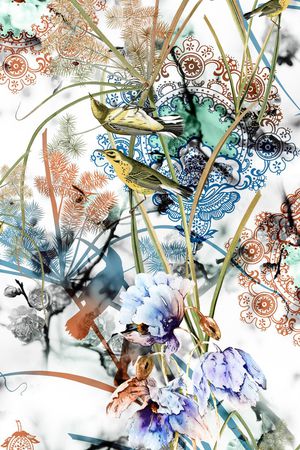 手绘花、手绘鸟、花纹、剪影印花华亿平台图片