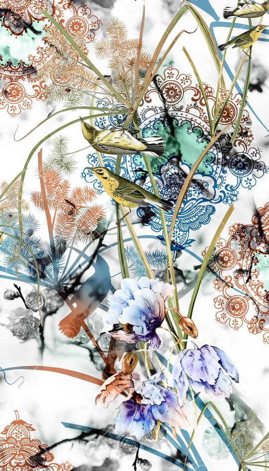 手绘花、手绘鸟、花纹、剪影印花华亿平台图片