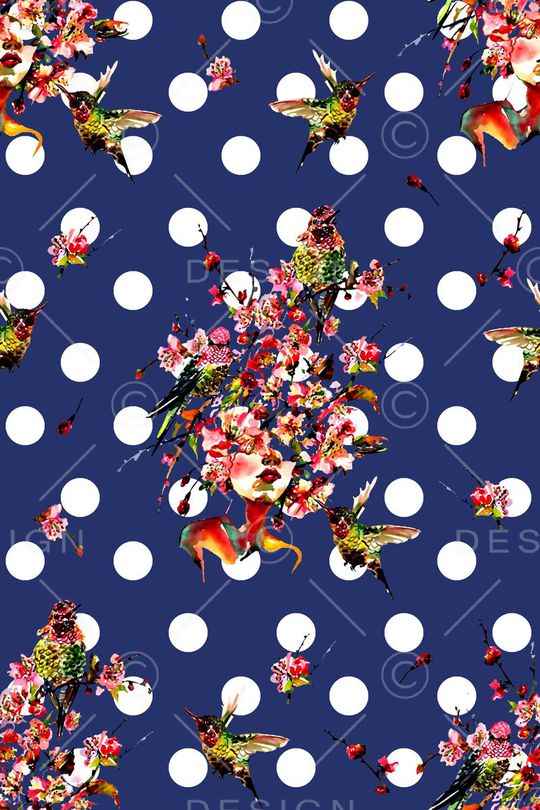 抽象手绘满版花鸟印花华亿平台图片