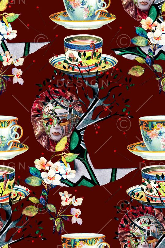 时尚抽象手绘花卉面具几何树青花瓷杯子印花华亿平台图片