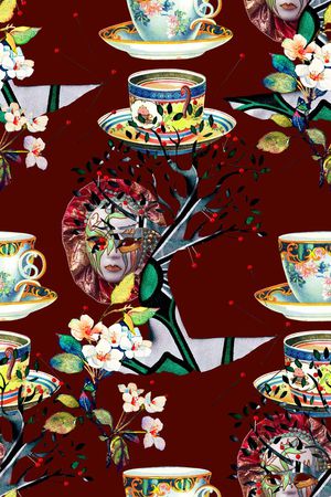 时尚抽象手绘花卉面具几何树青花瓷杯子印花华亿平台图片