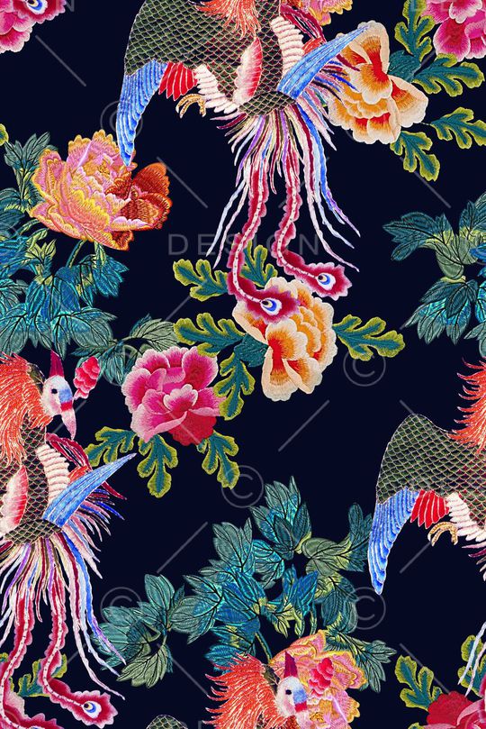 时尚抽象手绘绣花花卉凤凰数码印花印花华亿平台图片