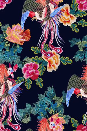 时尚抽象手绘绣花花卉凤凰数码印花印花华亿平台图片