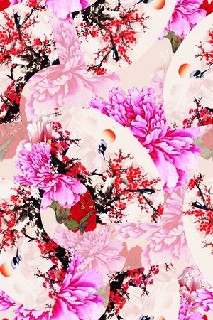 时尚抽象手绘中国风牡丹花扇子印花印花华亿平台图片