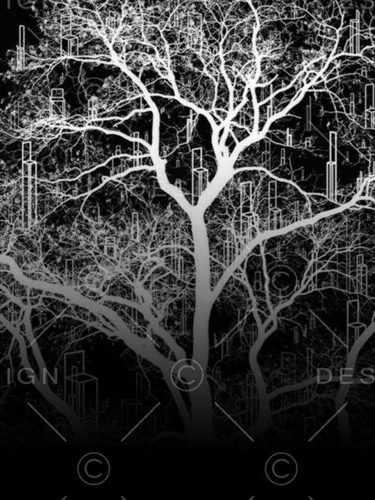 抽象树木和建筑几何印花华亿平台图片