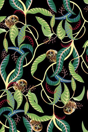 树叶蔓藤可爱猫头鹰印花华亿平台图片