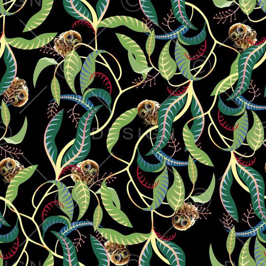 树叶蔓藤可爱猫头鹰印花华亿平台图片