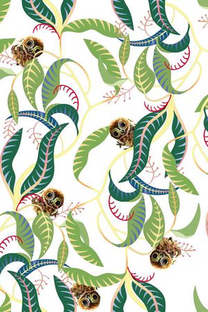 树叶蔓藤可爱猫头鹰印花华亿平台图片