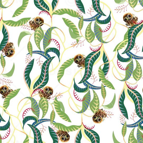 树叶蔓藤可爱猫头鹰印花华亿平台图片