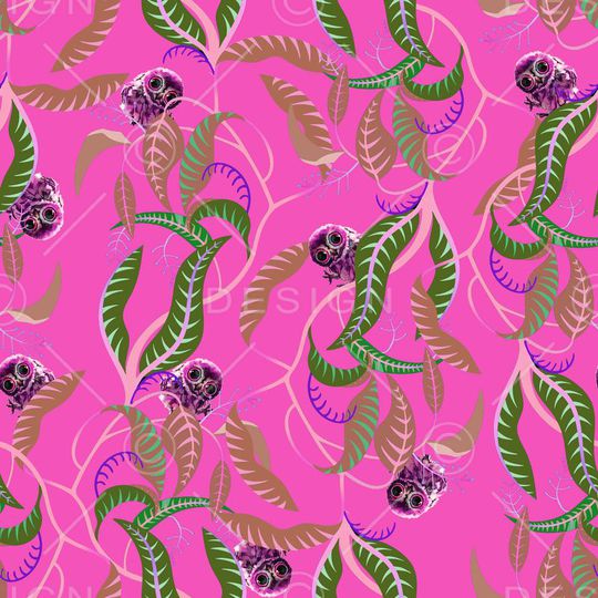 树叶蔓藤可爱猫头鹰印花华亿平台图片