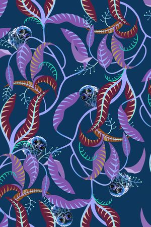 树叶蔓藤可爱猫头鹰印花华亿平台图片