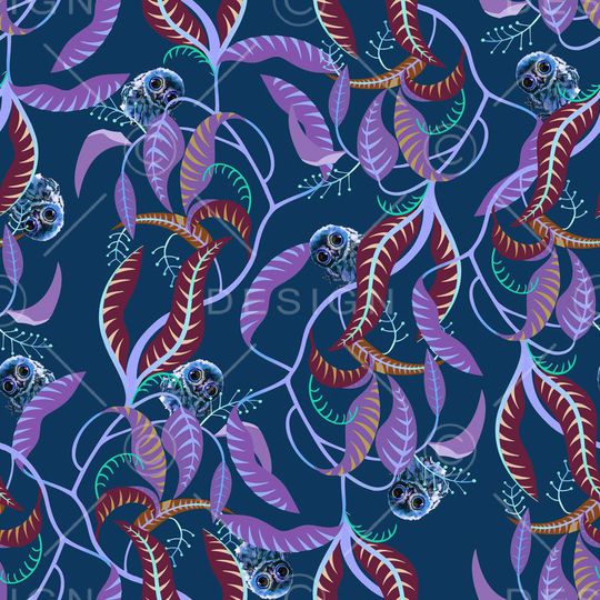 树叶蔓藤可爱猫头鹰印花华亿平台图片