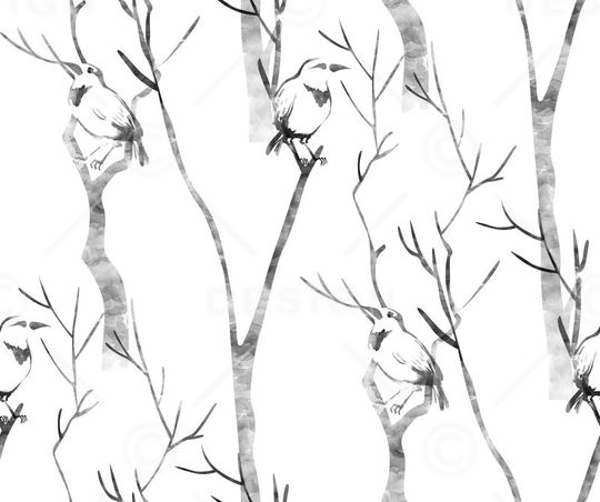 树木鸟水墨女装不定位丝巾印花华亿平台图片