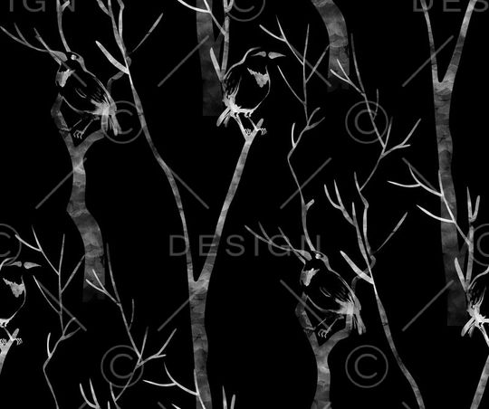 树木鸟水墨女装不定位丝巾印花华亿平台图片